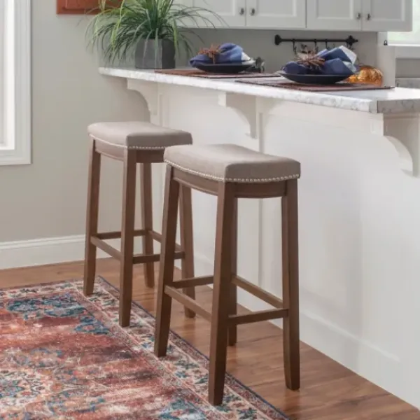Bar Stools & Counter Height Stools-Kirkland's Home Walnut Wood Bar Stool With Cushion Gray