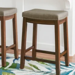 Bar Stools & Counter Height Stools-Kirkland's Home Walnut Wood Counter Stool With Cushion Gray
