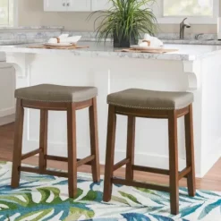 Bar Stools & Counter Height Stools-Kirkland's Home Walnut Wood Counter Stool With Cushion Gray