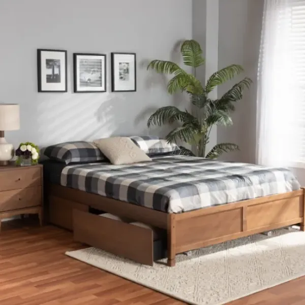Beds & Headboards-Kirkland's Home Walnut Wood 4-Drawer Full Platform Bed Brown