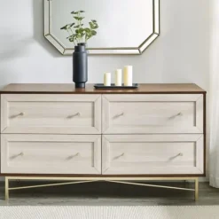 Dressers & Chests-Kirkland's Home Walnut Wood Faced Gold Base Dresser White