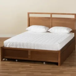 Beds & Headboards-Kirkland's Home Walnut Wood Headboard 4-Drawer Full Platform Bed Brown