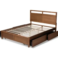 Beds & Headboards-Kirkland's Home Walnut Wood Headboard 4-Drawer King Platform Bed Brown