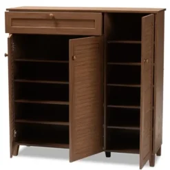 Entryway Furniture-Kirkland's Home Walnut Wood 11-Shelf Paneled Shoe Cabinet Brown