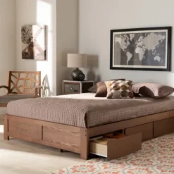 Beds & Headboards-Kirkland's Home Walnut Wooden 3-Drawer Platform Bed Brown