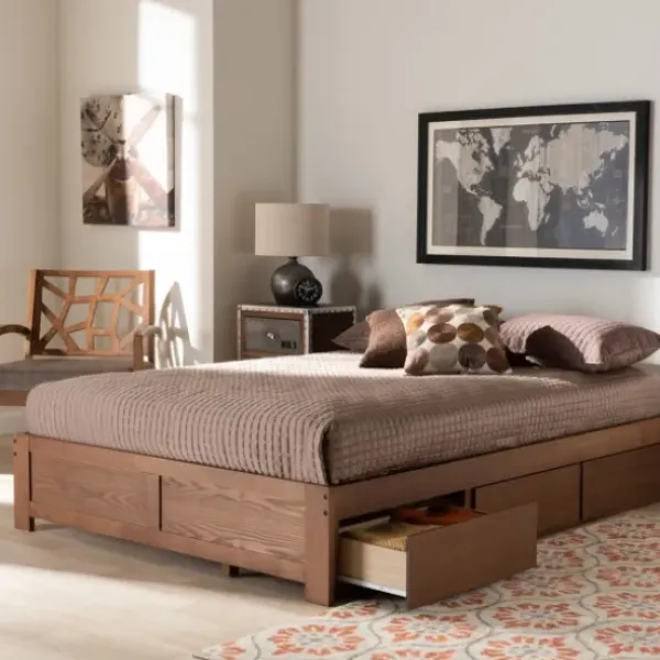 Beds & Headboards-Kirkland's Home Walnut Wooden 3-Drawer Platform Bed Brown