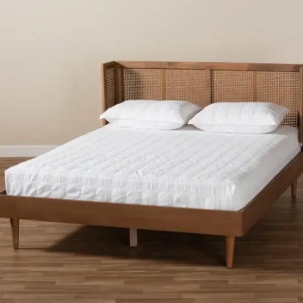 Beds & Headboards-Kirkland's Home Walnut Wrap Around Rattan Queen Bed Frame Brown