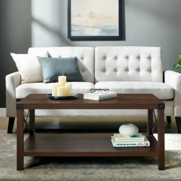 Coffee Tables-Kirkland's Home Walnut X-Frame Rustic Wood Coffee Table Brown
