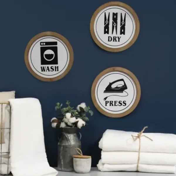 Wall Quotes & Signs-Kirkland's Home Wash Dry Press Round Framed Wall Plaques, Set Of 3 White/Black/Tan