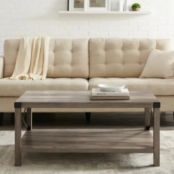 Coffee Tables-Kirkland's Home Wash Industrial X-Frame Coffee Table Gray