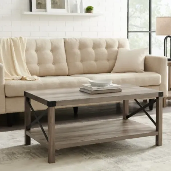 Coffee Tables-Kirkland's Home Wash Industrial X-Frame Coffee Table Gray