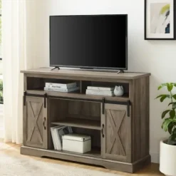 Tv Stands & Media Consoles-Kirkland's Home Wash Sliding Barn Door Highboy Tv Stand Gray