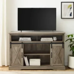Tv Stands & Media Consoles-Kirkland's Home Wash Sliding Barn Door Highboy Tv Stand Gray