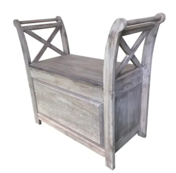 Benches & Ottomans-Kirkland's Home Washed Acacia Wood Storage Bench With Arms Gray/White