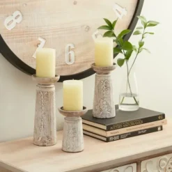 Candle Holders-Kirkland's Home Washed Carved Wood Candle Holders, Set Of 3 White