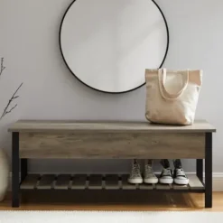 Entryway Furniture-Kirkland's Home Washed Lift-Top Storage Bench Gray