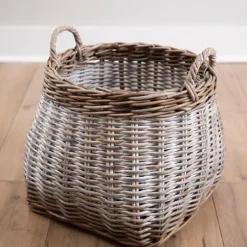Baskets & Boxes-Kirkland's Home Washed Melanie Round Belly Wicker Basket White
