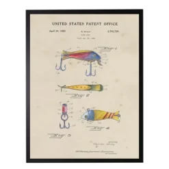 Framed Art-Kirkland's Home Watercolor Fish And Lure Patent Framed Art Print Multi