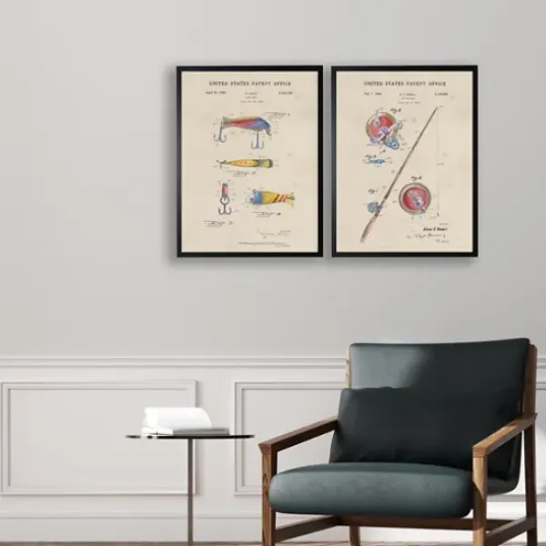 Framed Art-Kirkland's Home Watercolor Fishing Rod Patent Framed Art Print Red/Tan