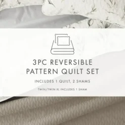 Quilts-Kirkland's Home Watercolor Leaves Reversible 3-Pc. King Quilt Set White/Green/Tan