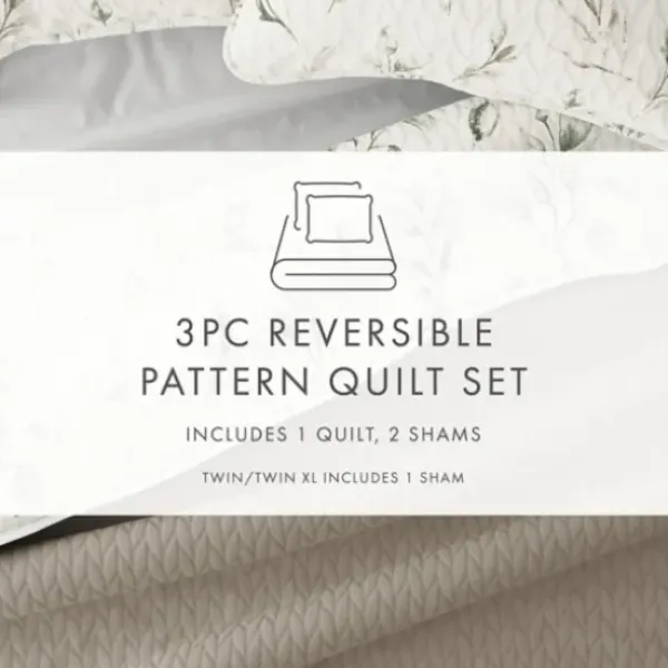 Quilts-Kirkland's Home Watercolor Leaves Reversible 3-Pc. King Quilt Set White/Green/Tan