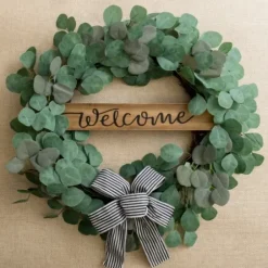 Wreaths-Kirkland's Home Welcome Bow Eucalyptus Wreath, 24 In. Green/Brown/Black