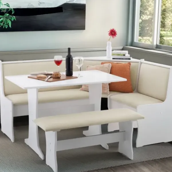 Dining Sets-Kirkland's Home White And Beige Upholstered 3-Pc Dining Nook Set Tan