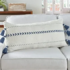 Pillows-Kirkland's Home White And Blue Braided Stripe Lumbar Pillow White/Blue