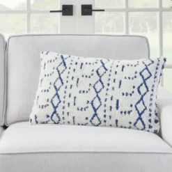 Pillows-Kirkland's Home White And Blue Tufted Geo Lumbar Pillow White/Blue