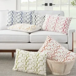 Pillows-Kirkland's Home White And Blue Tufted Geo Lumbar Pillow White/Blue