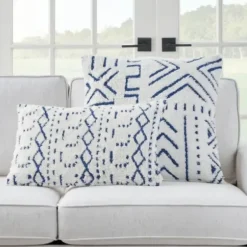 Pillows-Kirkland's Home White And Blue Tufted Geo Lumbar Pillow White/Blue