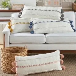 Pillows-Kirkland's Home White And Blush Braided Stripe Lumbar Pillow White/Pink