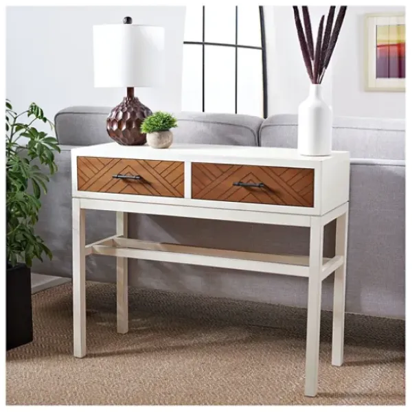 Console Tables-Kirkland's Home White And Brown Herringbone Console Table White/Brown