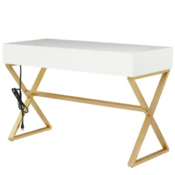 Office Furniture-Kirkland's Home White And Gold Metal Desk With Outlets White/Gold