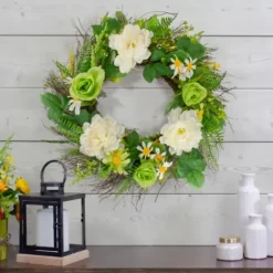 Wreaths-Kirkland's Home White And Green Mixed Floral Spring Wreath White/Green