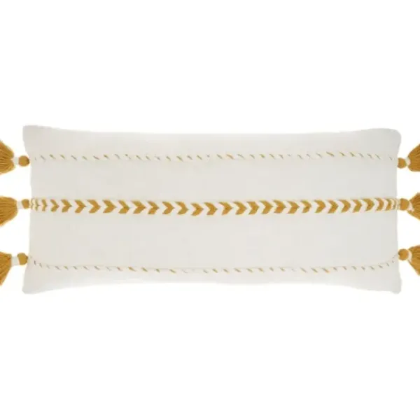 Pillows-Kirkland's Home White And Mustard Braided Stripe Lumbar Pillow White/Yellow