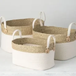 Baskets & Boxes-Kirkland's Home White And Natural Seagrass Woven Baskets, Set Of 3 White/Tan