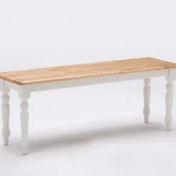 Dining Chairs-Kirkland's Home White And Natural Wood Dining Bench White/Tan