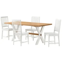Dining Sets-Kirkland's Home White And Natural Wood X-Frame 5-Pc. Dining Set White/Tan