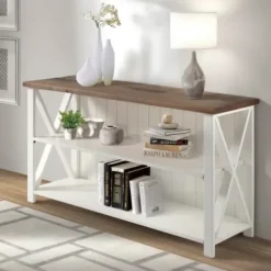Console Tables-Kirkland's Home White And Rustic Oak Wood Farmhouse Console Table White/Brown