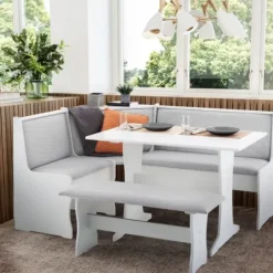 Dining Sets-Kirkland's Home White And Upholstered 3-Pc Dining Nook Set Gray