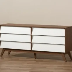 Dressers & Chests-Kirkland's Home White And Walnut Mid-Century 6-Drawer Dresser