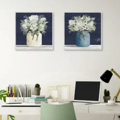 Framed Art-Kirkland's Home White Blossom Bouquet 2-Pc. Framed Wall Art Set Blue/White/Green