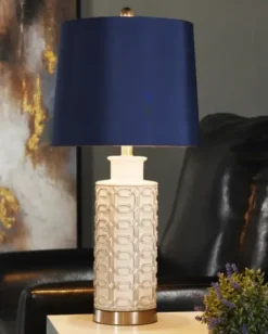 Table Lamps-Kirkland's Home White Ceramic Geometric Table Lamp With Shade Blue