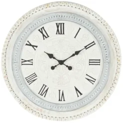 Clocks-Kirkland's Home White Distressed Wood Round Beaded Wall Clock