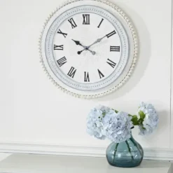 Clocks-Kirkland's Home White Distressed Wood Round Beaded Wall Clock