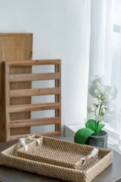 Decorative Trays-Kirkland's Home White Enameled Rectangle Mango Wood Tray Tan/White