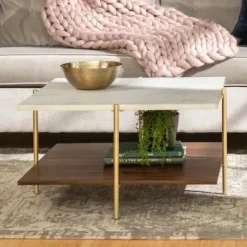 Coffee Tables-Kirkland's Home White Faux Marble And Brown Wood Coffee Table White/Gold
