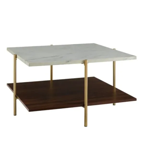 Coffee Tables-Kirkland's Home White Faux Marble And Brown Wood Coffee Table White/Gold