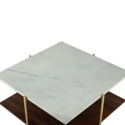 Coffee Tables-Kirkland's Home White Faux Marble And Brown Wood Coffee Table White/Gold
